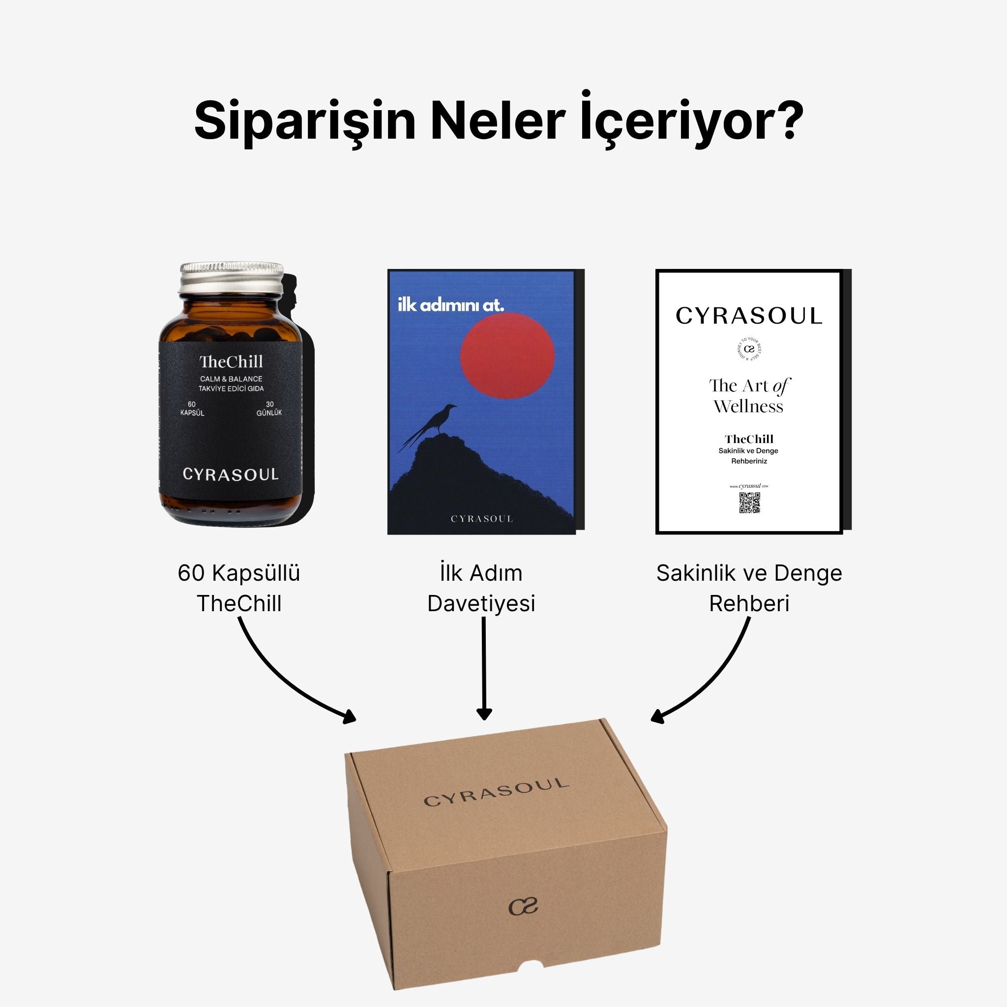 TheChill ürün paketi içeriği – kapsül şişesi, ürün rehberi ve marka davetiyesi ile birlikte