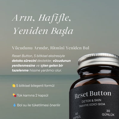 "Arın, Hafifle, Yeniden Başla" başlıklı görselde Cyrasoul Reset Button ürün şişesi. Görselde ürünün detoks sürecini desteklediği ve "tok karnına 2 kapsül" gibi kullanım talimatları yer alıyor.