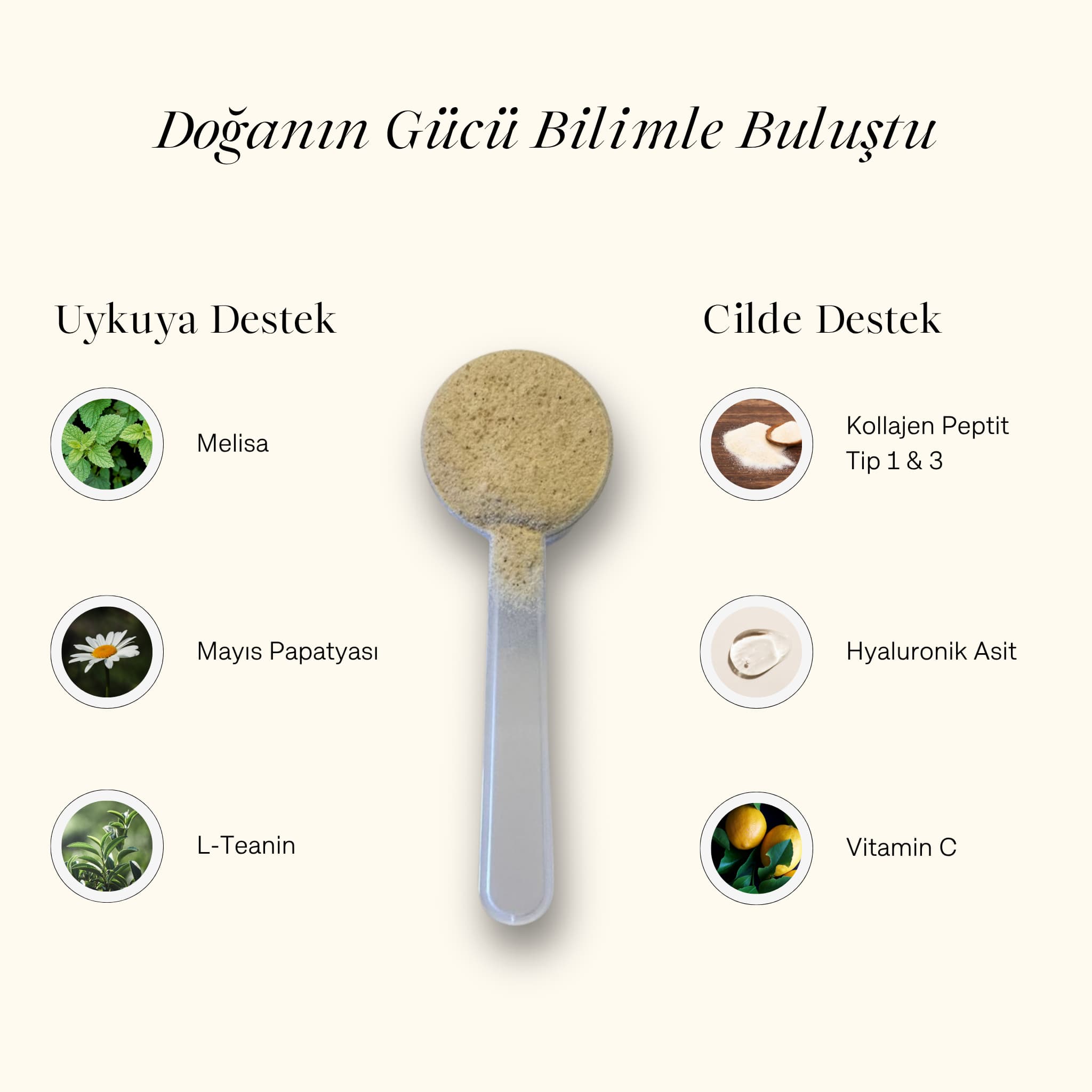 Cyrasoul DreamGlow'un içeriğini gösteren bir görsel. Ortada ürünün toz halini içeren bir kaşık ve etrafında melisa, mayıs papatyası, kolajen peptit, hyaluronik asit gibi doğal içeriklerin resimleri yer alıyor.