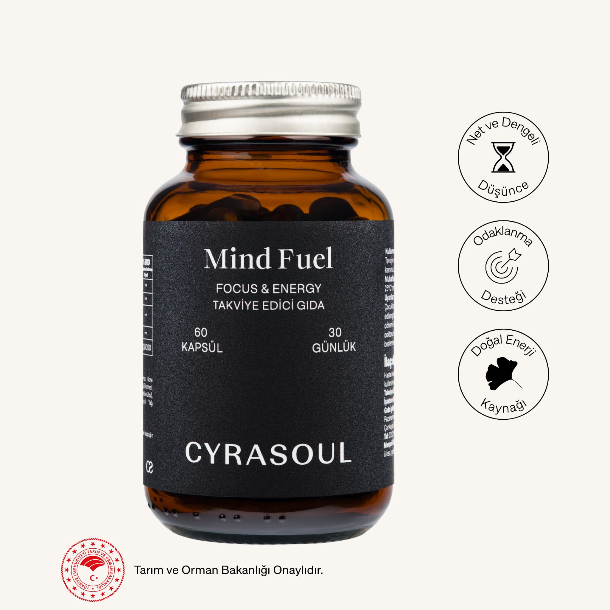 Cyrasoul MindFuel odaklanma ve enerji takviyesinin amber renkli cam şişesi. Yanında net ve dengeli düşünce, odaklanma desteği ve doğal enerji kaynağı gibi faydalarını gösteren ikonlar ve Tarım Bakanlığı onayı bulunuyor.
