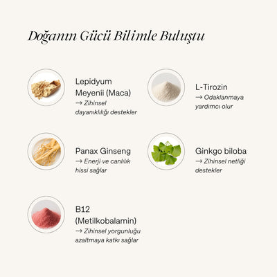 "Doğanın Gücü Bilimle Buluştu" başlıklı içerik infografiği. Görselde Cyrasoul MindFuel içerisindeki Lepidyum Meyenii (Maca), L-Tirozin, Panax Ginseng, Ginkgo biloba ve B12 vitamini gibi bileşenler ve zihinsel performansa faydaları listeleniyor.
